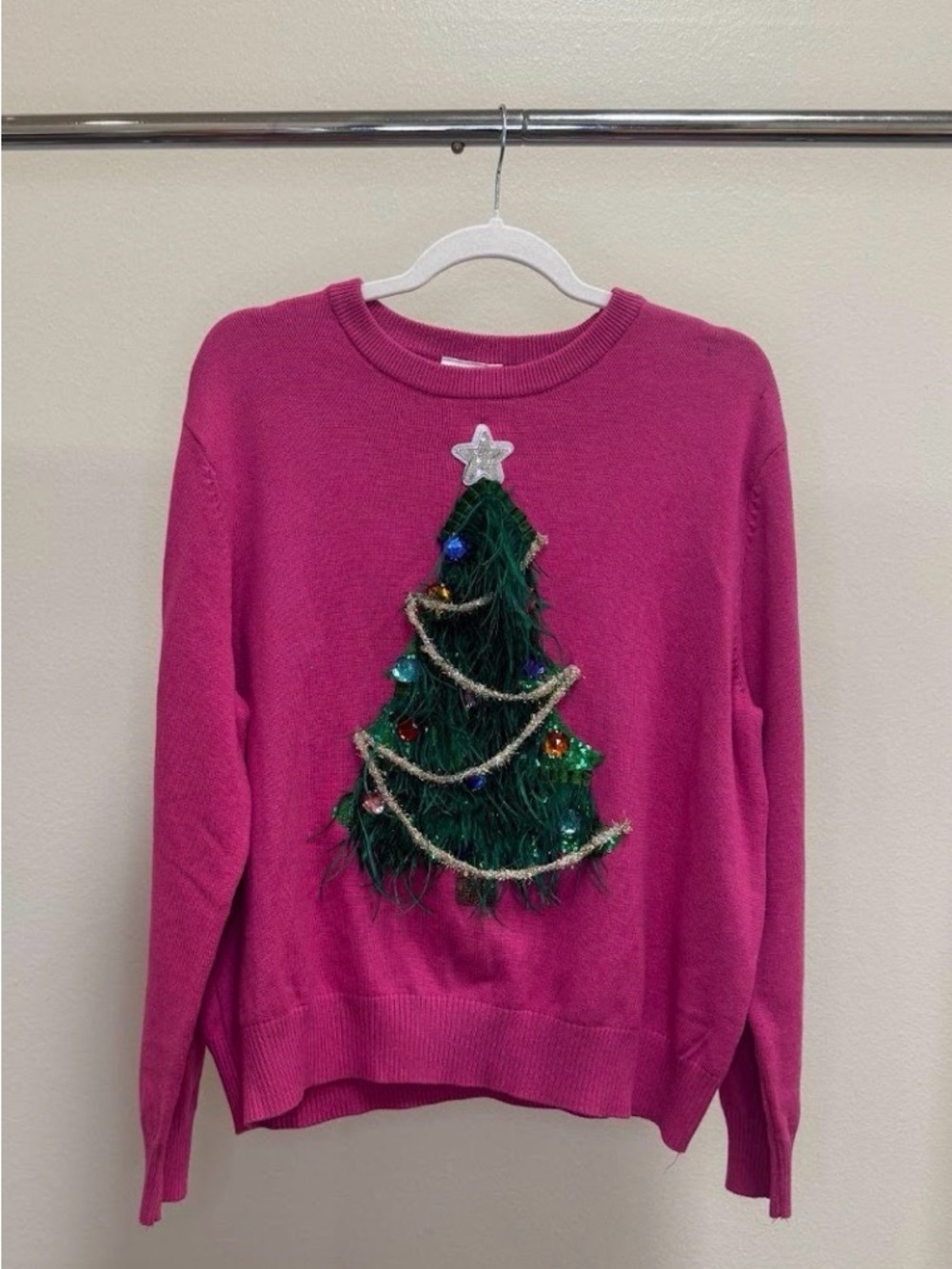 QUEEN OF SPARKLES Hot Pink Crewneck Sweater with 3D Green Christmas Tree